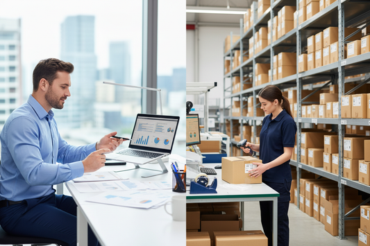 UK trading address at a business desk compared to a UK warehouse returns address for eBay sellers