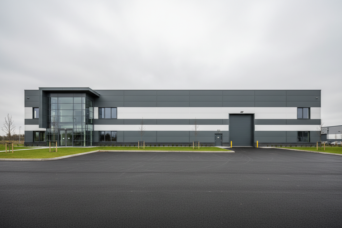 Exterior of a modern UK business park warehouse unit with a glazed office entrance and loading bay, illustrating a real commercial address for virtual address services