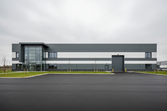 Exterior of a modern UK business park warehouse unit with a glazed office entrance and loading bay, illustrating a real commercial address for virtual address services