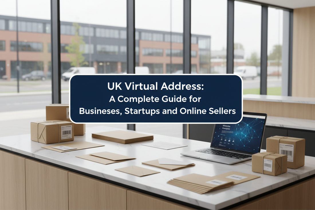 UK business address reception desk with envelopes, parcels and forwarding materials.