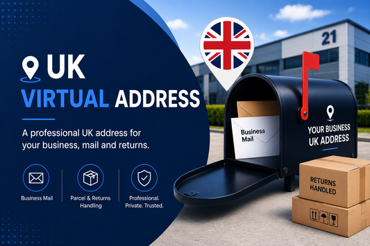 UK virtual address banner showing business mailbox, parcels and professional UK address service