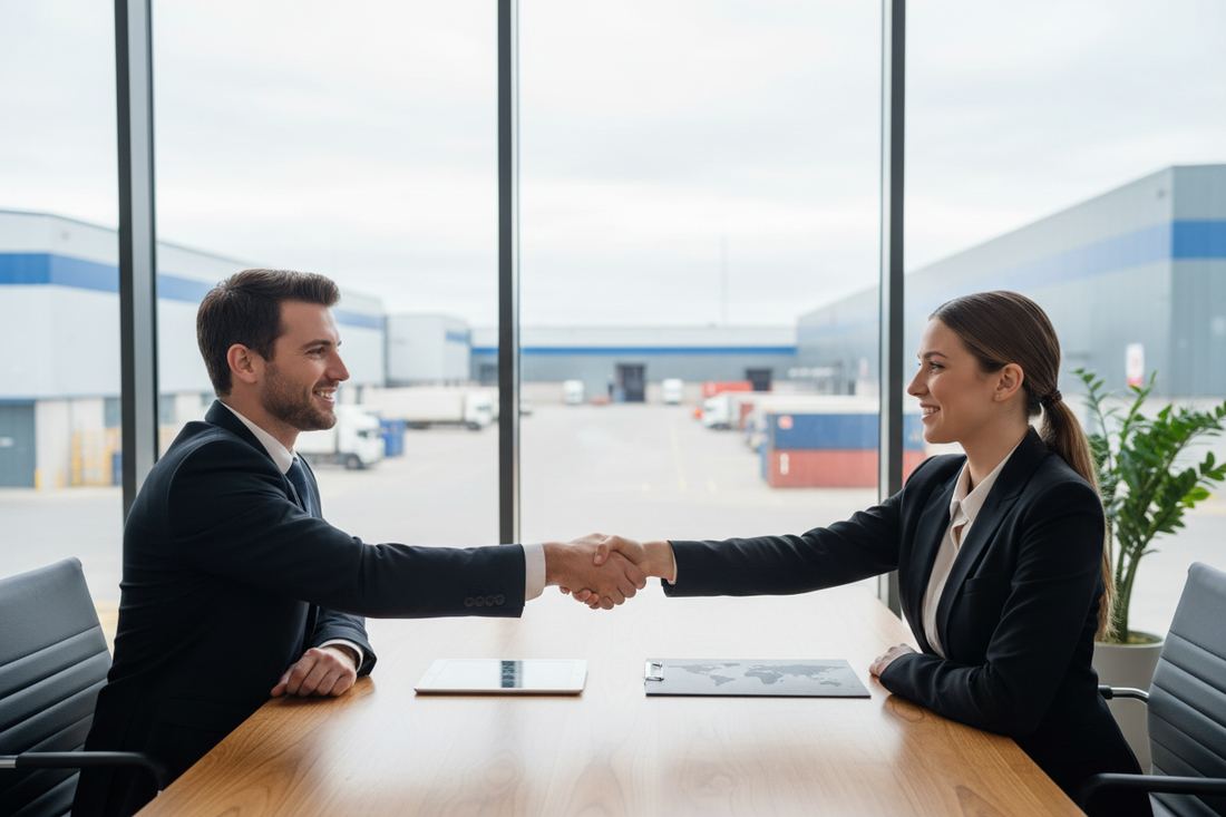 Two business professionals shaking hands in a modern office with a UK commercial warehouse trading estate visible through the windows, illustrating virtual warehouse address services for providers and resellers