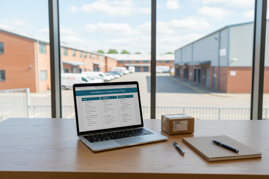 Clean modern desk with a laptop displaying address plan pricing, a small parcel, pen and notebook, with a UK commercial warehouse trading estate visible through the window behind