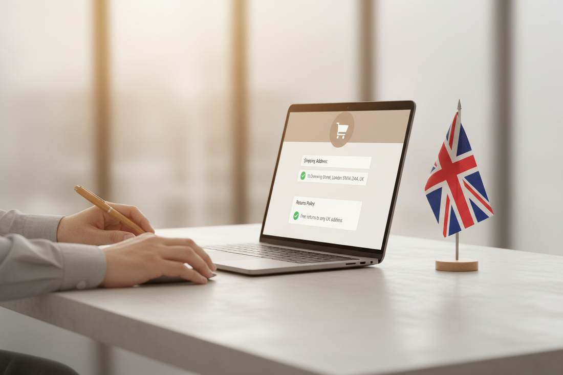 Online shopper confidently completing a purchase after seeing a UK warehouse address, illustrating how a UK address increases conversion rates for international sellers
