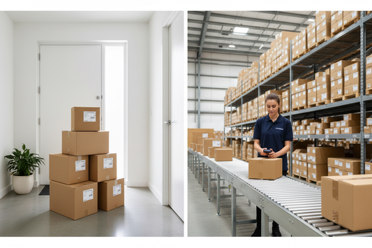 Home hallway with parcels building up compared to a professional UK warehouse returns address