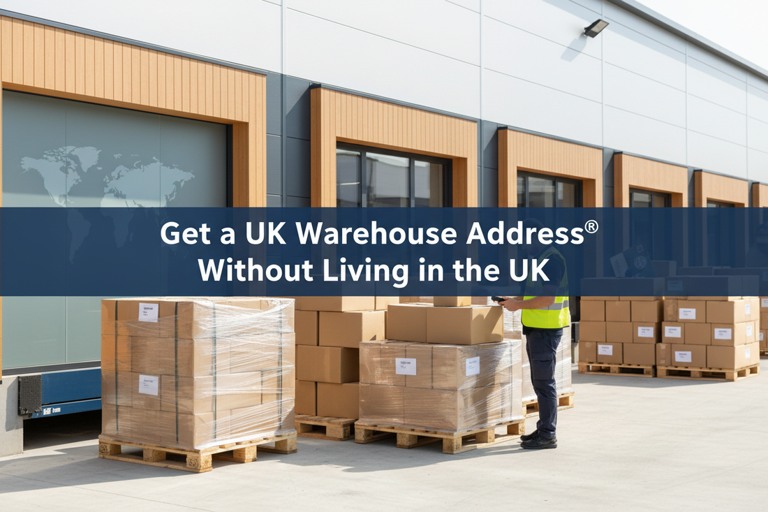 Warehouse worker scanning parcels in a modern UK warehouse with international shipping cues, with a banner reading “Get a UK Warehouse Address® Without Living in the UK”