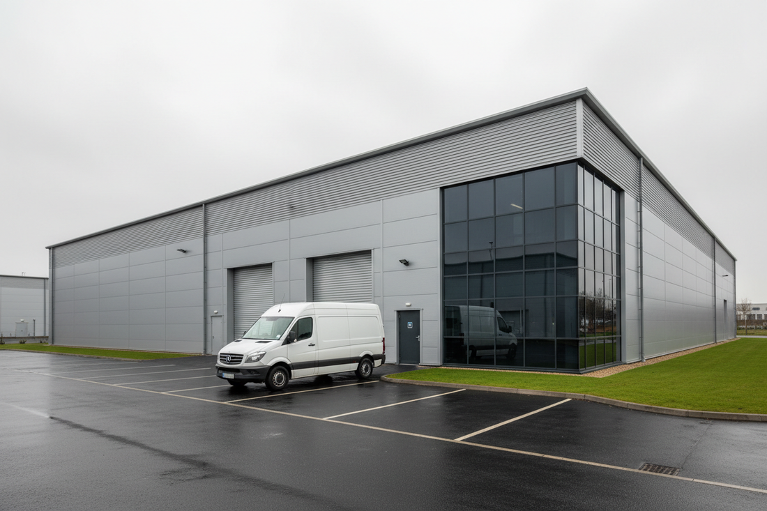 Exterior of a UK commercial warehouse trading estate used for TikTok Shop seller returns and address services
