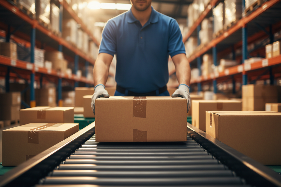 UK warehouse receiving a customer return, worker accepting a parcel at a commercial premises loading bay