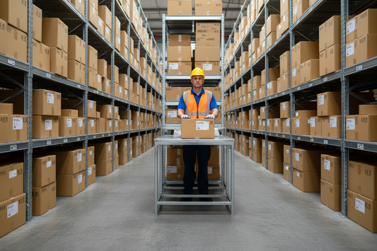 UK warehouse worker standing at returns sorting station surrounded by racking of boxes representing professional eBay returns handling