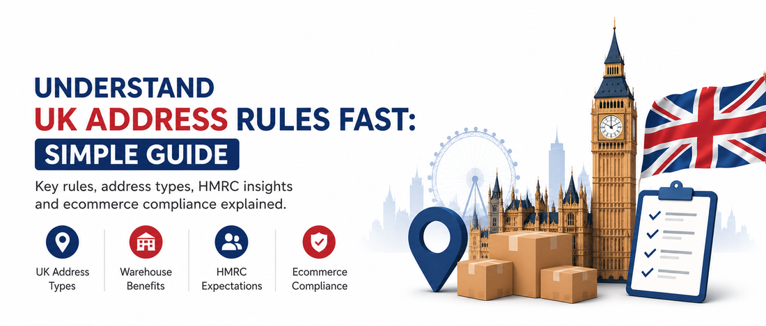 Understand UK address rules fast banner with UK compliance, warehouse address and ecommerce setup illustration