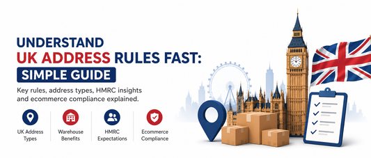 Understand UK address rules fast banner with UK compliance, warehouse address and ecommerce setup illustration