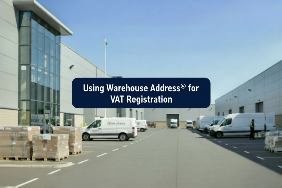Modern UK warehouse estate with loading bays, delivery vans, pallets and a centred banner reading “Using Warehouse Address® for VAT Registration”