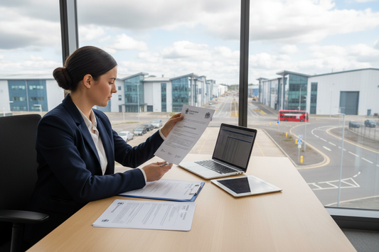 Business professional reviewing official UK company documents at a modern desk with a commercial trading estate visible through the window, illustrating virtual address and registered office address services for UK businesses