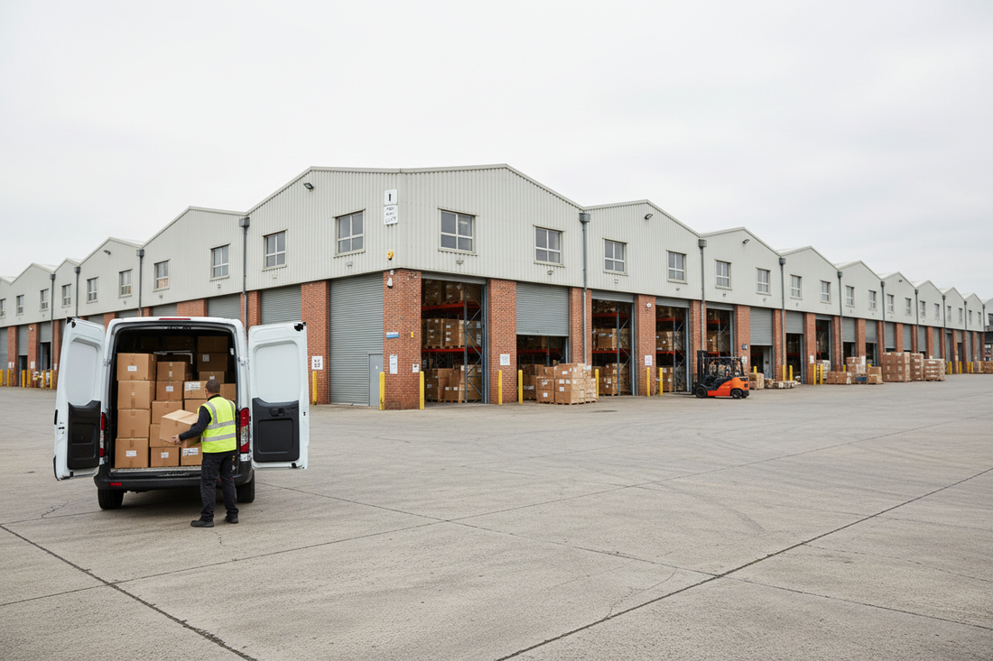 UK commercial trading estate with warehouse units, transit van and workers representing professional virtual address, business address and warehouse address solutions