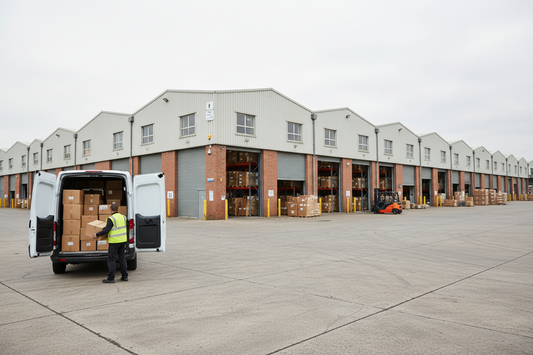 UK commercial trading estate with warehouse units, transit van and workers representing professional virtual address, business address and warehouse address solutions