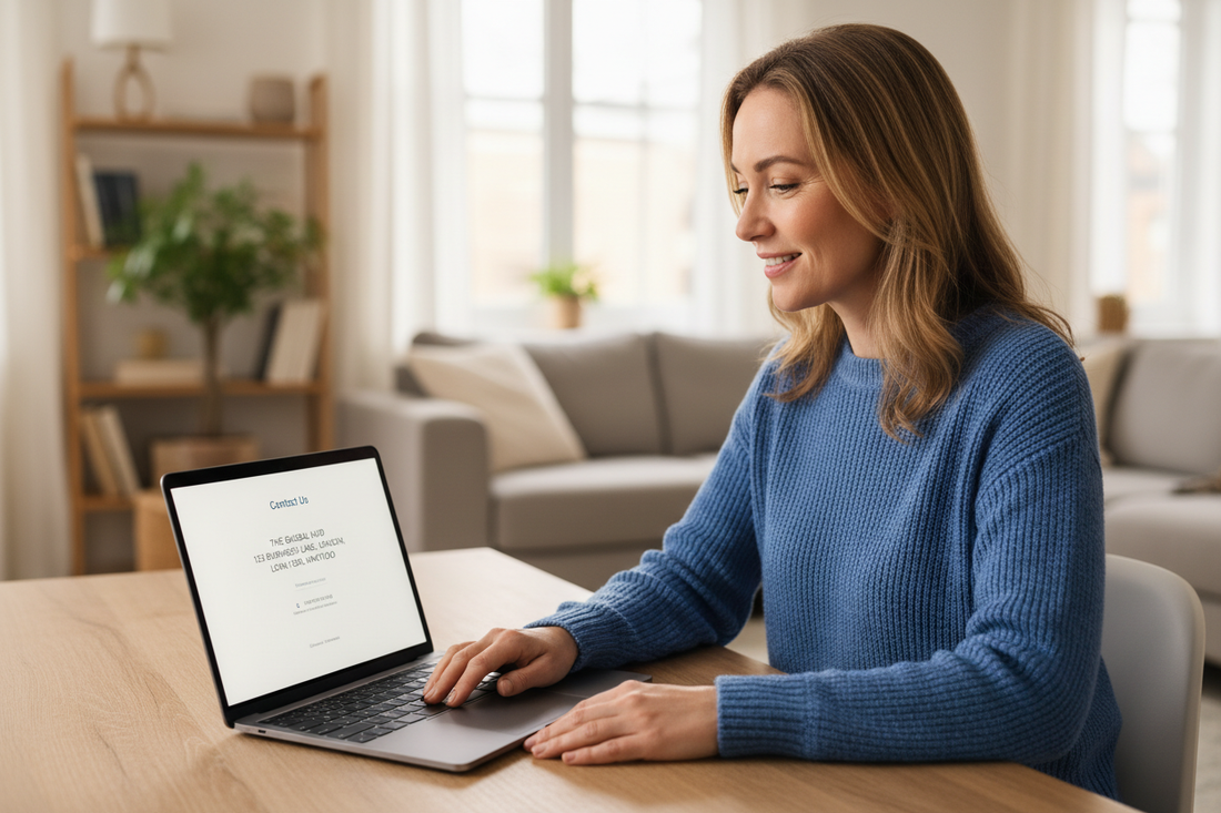UK online shopper at a laptop looking reassured while viewing a professional e-commerce store contact page displaying a UK virtual address, illustrating how a virtual address builds buyer trust