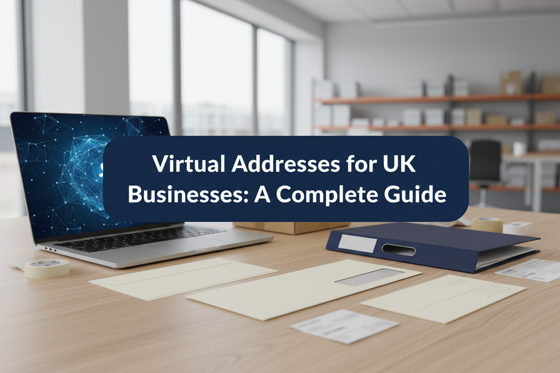 UK business address desk with company documents, envelopes, forwarding materials and parcel handling.