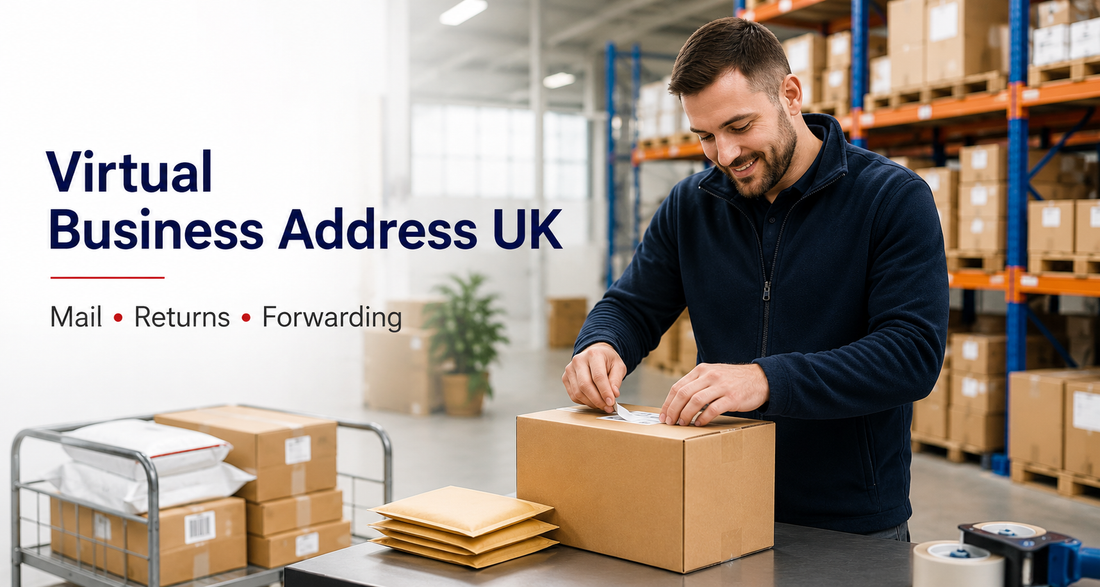 Virtual business address UK banner showing warehouse parcel handling, mail, returns and forwarding services