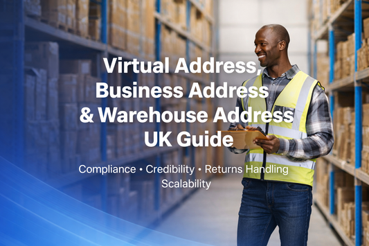 Professional UK warehouse worker in modern industrial storage facility with headline “Virtual Address, Business Address & Warehouse Address UK Guide” displayed centre for mobile and desktop visibility