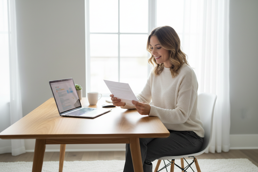 Professional woman reading business mail at home office desk for virtual mail address guide