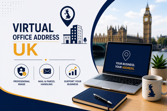 Virtual office address UK banner with professional business address, mail handling icons and UK workspace.