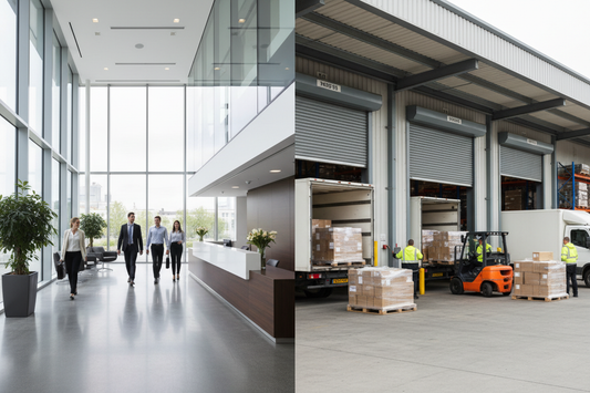 Split image comparing a city-centre virtual office building lobby on the left with a UK commercial trading estate warehouse with loading bays on the right, illustrating the difference between a virtual office and a virtual warehouse address