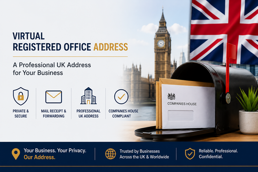 Virtual registered office address UK banner with Companies House mail, secure mailbox and professional business address service.