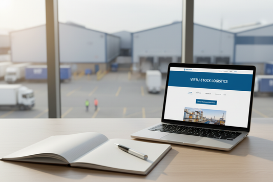 Clean desk with notebook, pen and laptop with a UK warehouse trading estate visible through the window, illustrating frequently asked questions about virtual warehouse addresses
