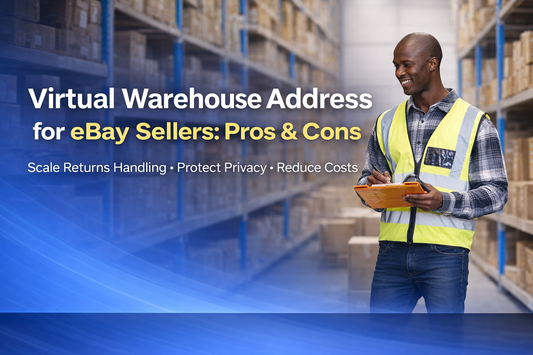 Professional UK warehouse worker holding clipboard in industrial storage facility with headline “Virtual Warehouse Address for eBay Sellers: Pros & Cons” highlighting returns handling, privacy protection and cost reduction