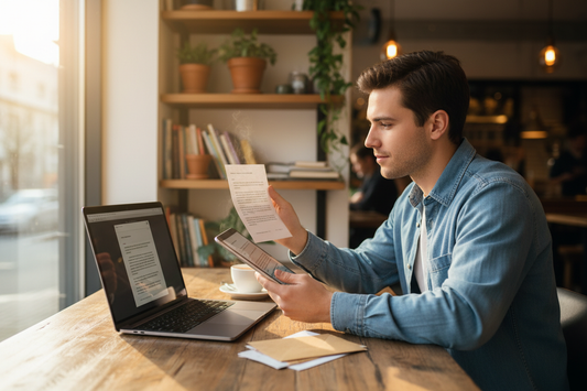 Person sitting at a laptop reading a digitally delivered letter with a stack of sorted envelopes on the desk, illustrating how a UK virtual warehouse address can be used to receive personal mail