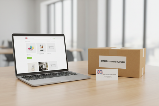 Laptop displaying a Shopify storefront beside a labelled return parcel and a UK commercial address card on a desk, illustrating why Shopify sellers need a virtual warehouse address for returns and compliance