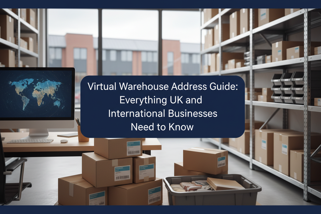 Modern warehouse office with ecommerce parcels, returns tray, storage shelving and international forwarding materials.