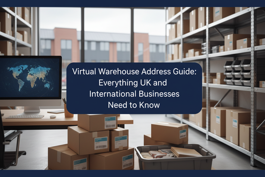 Modern warehouse office with ecommerce parcels, returns tray, storage shelving and international forwarding materials.
