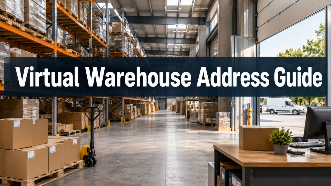 Real warehouse interior with parcels, shelving and Virtual Warehouse Address Guide title