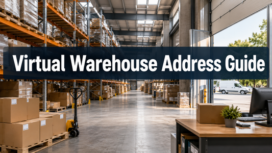 Real warehouse interior with parcels, shelving and Virtual Warehouse Address Guide title