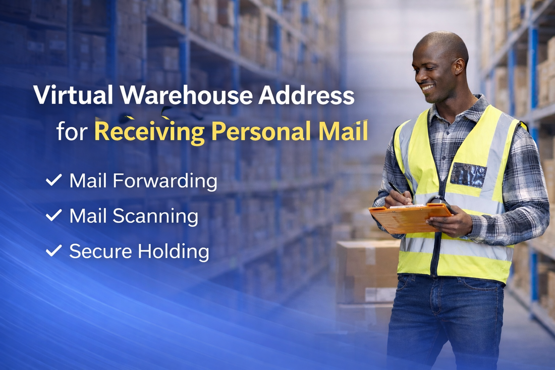 Professional UK warehouse worker in industrial facility with headline “Virtual Warehouse Address Service for Receiving Personal Mail” highlighting mail forwarding, scanning and secure holding options