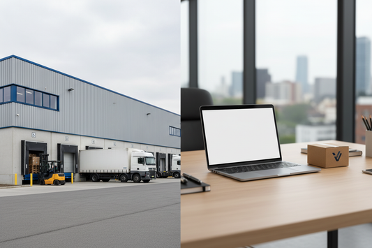 Split image comparing a large UK physical warehouse with loading bays against a clean desk with a laptop and parcel, illustrating the difference between a virtual warehouse address and a physical warehouse