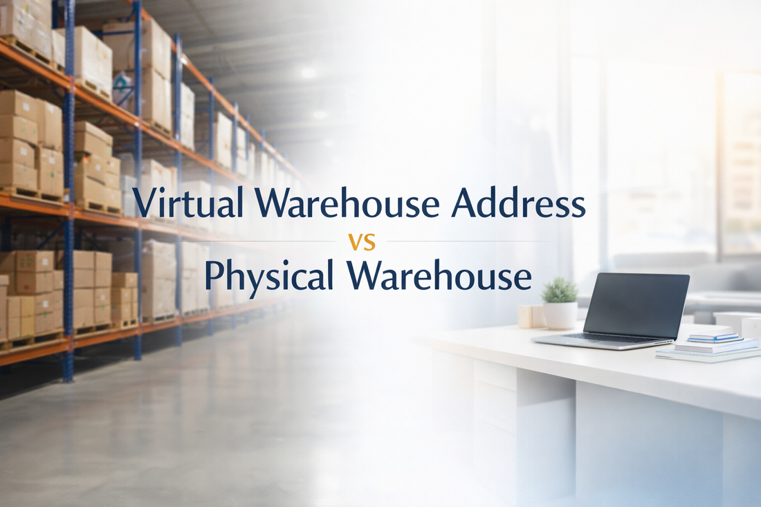 Virtual warehouse address vs physical warehouse comparison banner showing real warehouse shelves on the left and modern office desk on the right with centered title text.