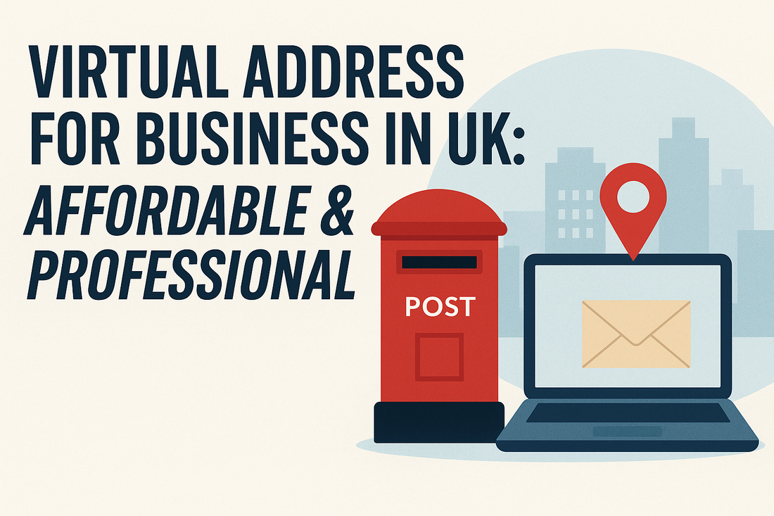 Digital illustration of a UK red post box and laptop with envelope and location pin, promoting virtual address for business in the UK as affordable and professional.