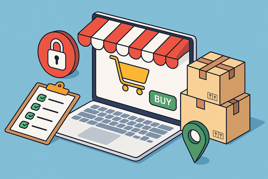 Illustration of eCommerce with a laptop storefront, shopping cart icon, cardboard boxes, security shield, and checklist representing Shopify business and warehouse address services.