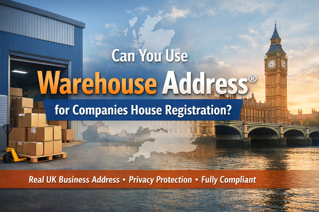 Banner showing a UK warehouse and London skyline with text “Can You Use Warehouse Address® for Companies House Registration?” highlighting compliance, privacy, and real business address benefits.