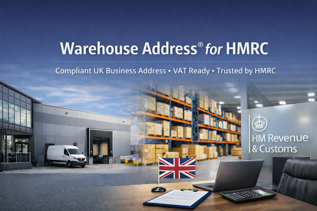 Professional banner showing a UK warehouse and office setting with centered text “Warehouse Address® for HMRC”, representing a compliant business address solution for HMRC use