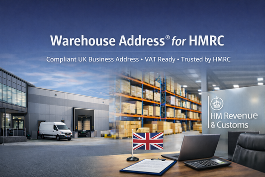 Professional banner showing a UK warehouse and office setting with centered text “Warehouse Address® for HMRC”, representing a compliant business address solution for HMRC use
