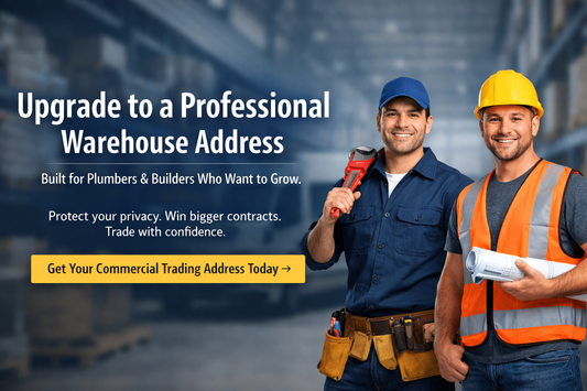 Professional warehouse address banner for plumbers and builders featuring a UK industrial estate warehouse and bold call-to-action to upgrade trading address.