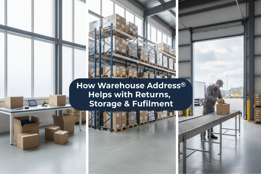 UK warehouse showing returns inspection, organised ecommerce stock storage and outbound order preparation, with a banner reading “How Warehouse Address® Helps with Returns, Storage & Fulfilment”