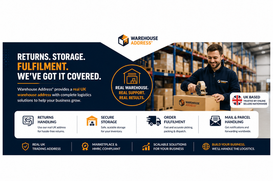 Warehouse Address® banner showing returns handling, storage and fulfilment services with real UK warehouse support and logistics solutions for ecommerce businesses
