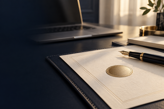 Premium embossed registration document and gold seal for a UK trademark guide