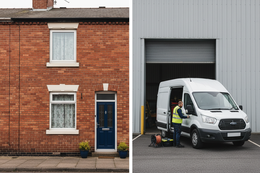 Split image comparing a home address with a professional warehouse trading address for UK tradespeople