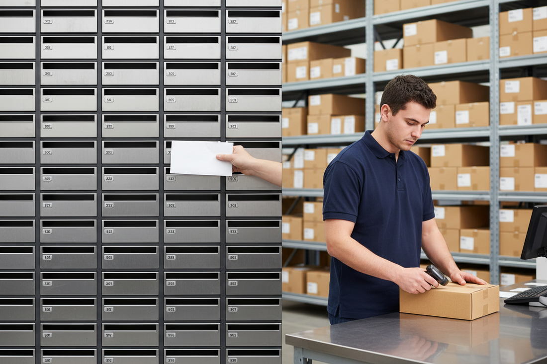 PO Box letter mailboxes compared to a UK warehouse address accepting courier parcels for businesses