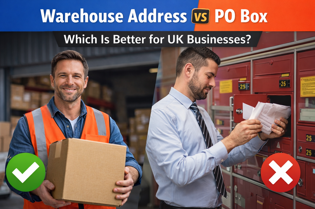 Warehouse address vs PO Box comparison showing parcel handling for UK businesses